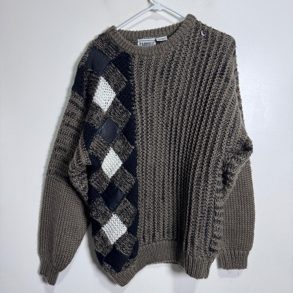 Gabrielle‎ Sweater Mens M Brown Black Argyle Leather Patchwork Vintage Knit